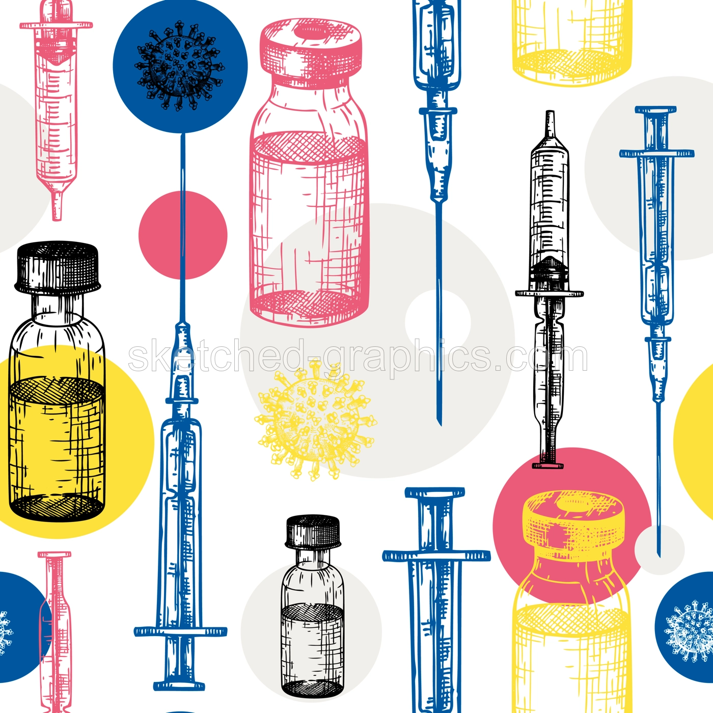Coronavirus vaccine seamless pattern. Vector backdrop with vaccine bottle and syringe injection tools sketches. Trendy Coronavirus vaccine concept. Vector covid19 immunization backdrop Illustration